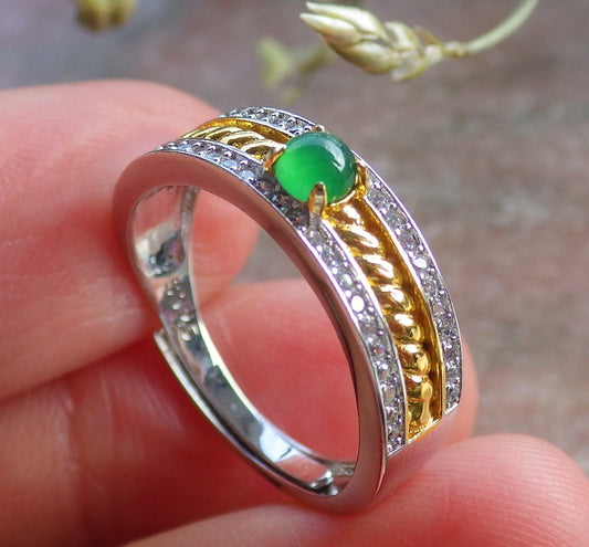 Certified Icy Green silver 0.925 Burma 100% Natural A JADE Jadeite Cabochon RING USA 6.25 戒指 648959 TN