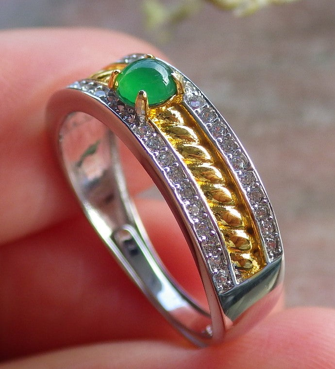 Certified Icy Green silver 0.925 Burma 100% Natural A JADE Jadeite Cabochon RING USA 6.25 戒指 648959 TN