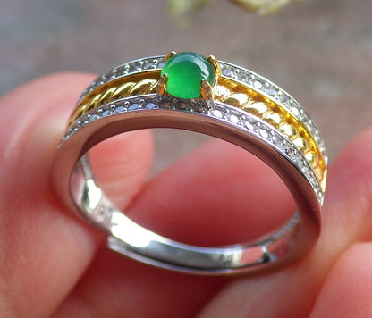 Certified Icy Green silver 0.925 Burma 100% Natural A JADE Jadeite Cabochon RING USA 6.25 戒指 648959 TN