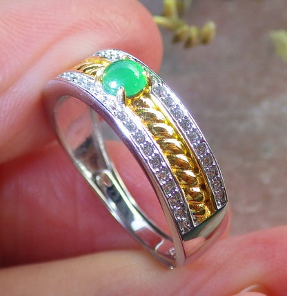 Certified Icy Green silver 0.925 Burma 100% Natural A JADE Jadeite Cabochon RING USA 6.25 戒指 648959 TN