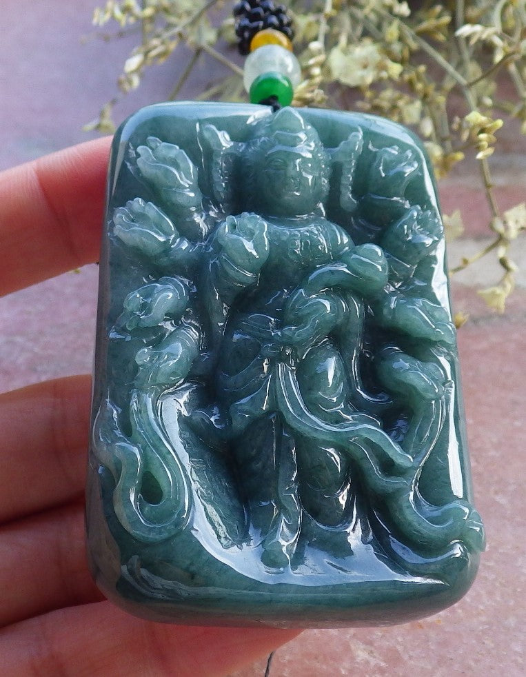 Certified Green Burma 100% Natural A Jade jadeite Pendant 1000 Hand Guanyin Kwan Yin Lotus Flower Necklace 观音 649009 TN