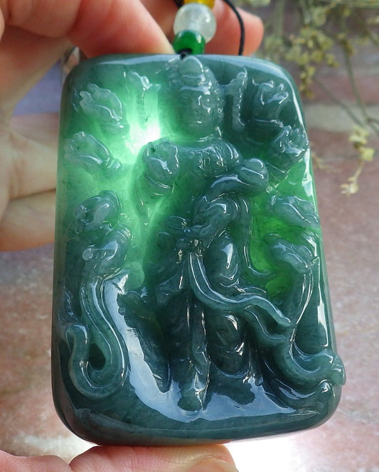 Certified Green Burma 100% Natural A Jade jadeite Pendant 1000 Hand Guanyin Kwan Yin Lotus Flower Necklace 观音 649009 TN