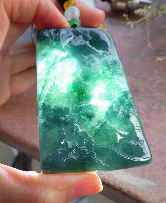 Certified Icy Green Burma 100% Natural A Jade jadeite Landscape painting Tree Necklace Necklace 山水画 649025 TN