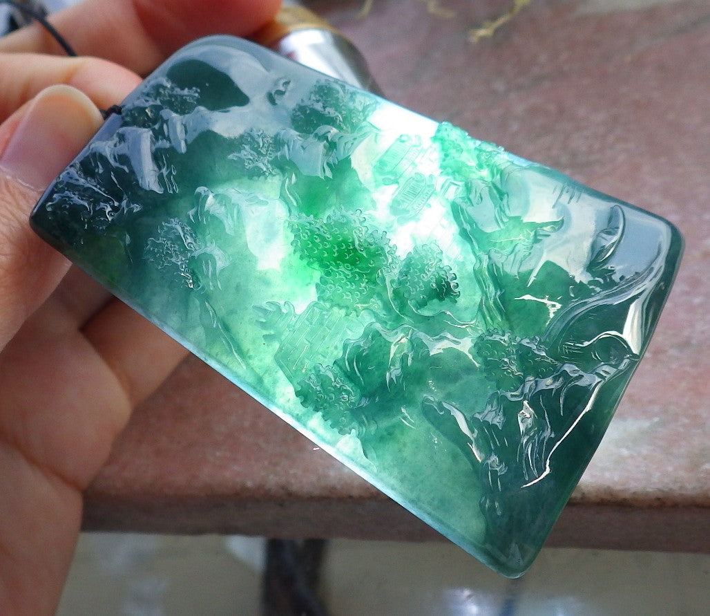 Certified Icy Green Burma 100% Natural A Jade jadeite Landscape painting Tree Necklace Necklace 山水画 649025 TN