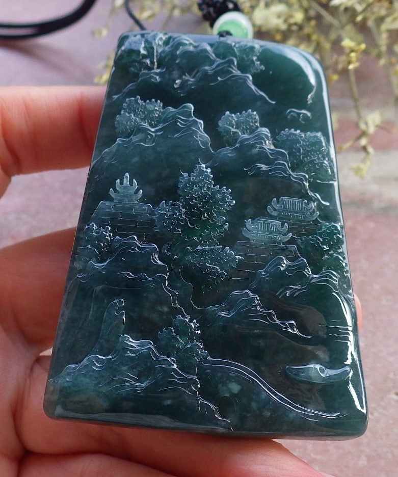 Certified Icy Green Burma 100% Natural A Jade jadeite Landscape painting Tree Necklace Necklace 山水画 649025 TN