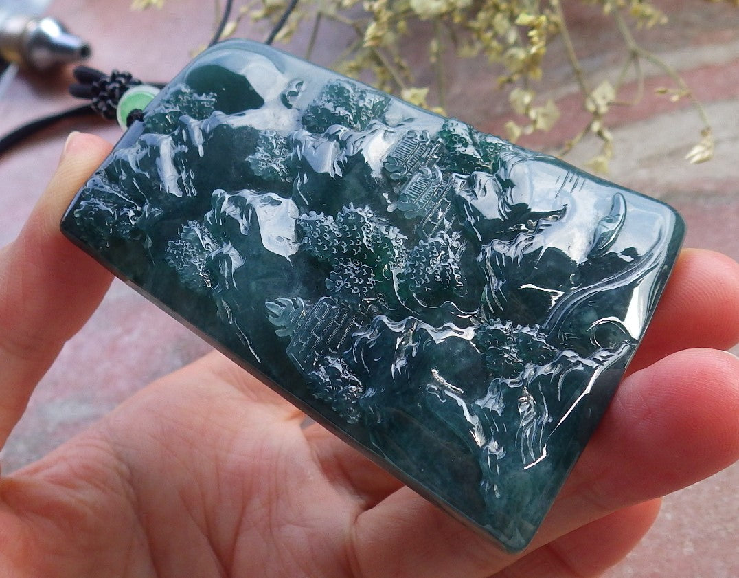 Certified Icy Green Burma 100% Natural A Jade jadeite Landscape painting Tree Necklace Necklace 山水画 649025 TN