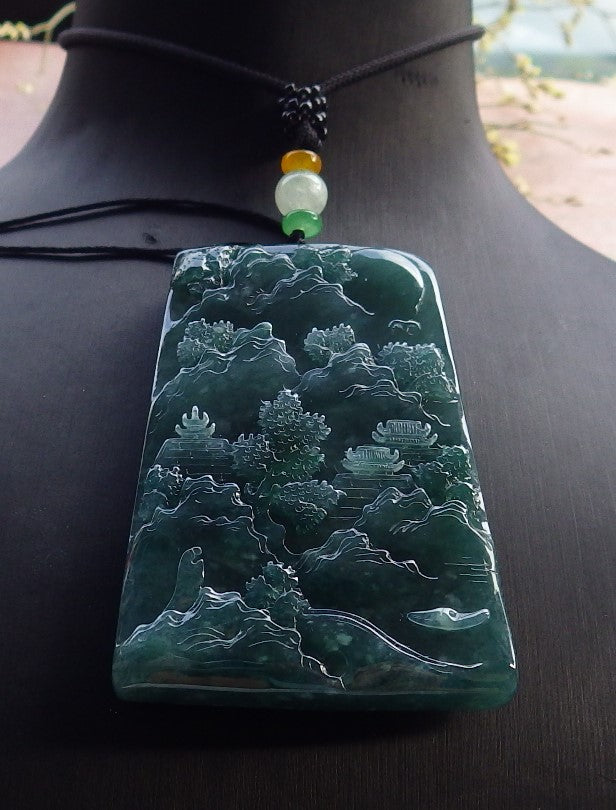 Certified Icy Green Burma 100% Natural A Jade jadeite Landscape painting Tree Necklace Necklace 山水画 649025 TN