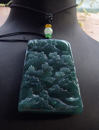 Certified Icy Green Burma 100% Natural A Jade jadeite Landscape painting Tree Necklace Necklace 山水画 649025 TN