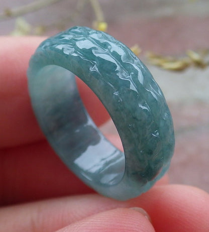 Certified Icy Green Burma 100% Natural A JADE Jadeite Dragon RING USA. 5.25 戒指 649085 TN