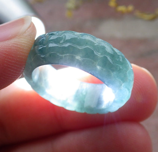Certified Icy Green Burma 100% Natural A JADE Jadeite Dragon RING USA. 5.25 戒指 649085 TN