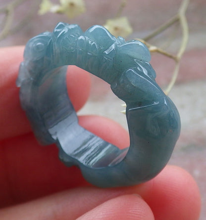 Certified Icy Green Burma 100% Natural A JADE Jadeite Dragon RING USA. 6.5 戒指 649120 TN