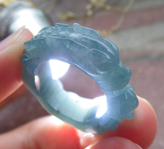 Certified Icy Green Burma 100% Natural A JADE Jadeite Dragon RING USA. 6.5 戒指 649120 TN