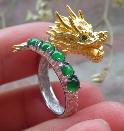 Certified Icy Green silver 0.925 Burma 100% Natural A JADE Jadeite Dragon Cabochon RING USA 6 戒指 649130 TN