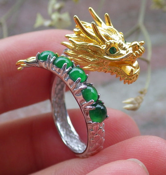 Certified Icy Green silver 0.925 Burma 100% Natural A JADE Jadeite Dragon Cabochon RING USA 6 戒指 649130 TN