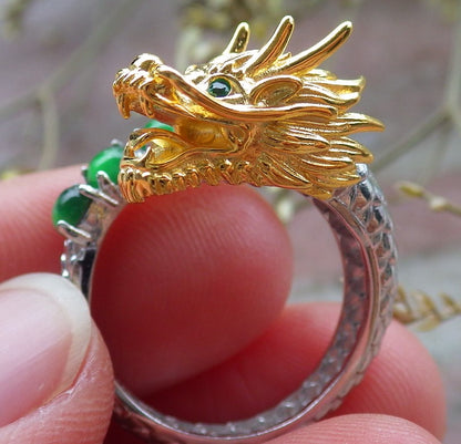 Certified Icy Green silver 0.925 Burma 100% Natural A JADE Jadeite Dragon Cabochon RING USA 6 戒指 649130 TN