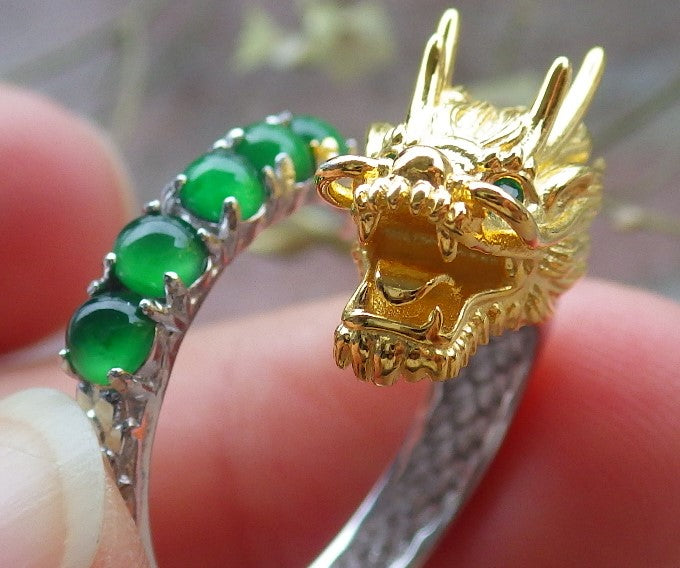 Certified Icy Green silver 0.925 Burma 100% Natural A JADE Jadeite Dragon Cabochon RING USA 6 戒指 649130 TN