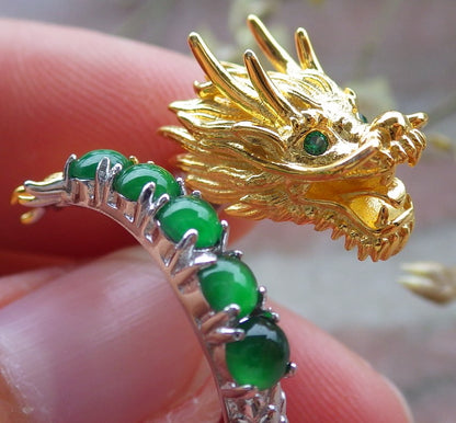 Certified Icy Green silver 0.925 Burma 100% Natural A JADE Jadeite Dragon Cabochon RING USA 6 戒指 649130 TN