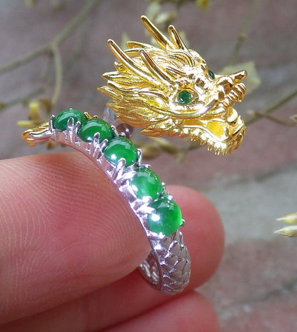 Certified Icy Green silver 0.925 Burma 100% Natural A JADE Jadeite Dragon Cabochon RING USA 6 戒指 649130 TN