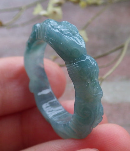 Certified Icy Green Burma 100% Natural A JADE Jadeite Dragon RING USA. 10.25 戒指 649157 TN