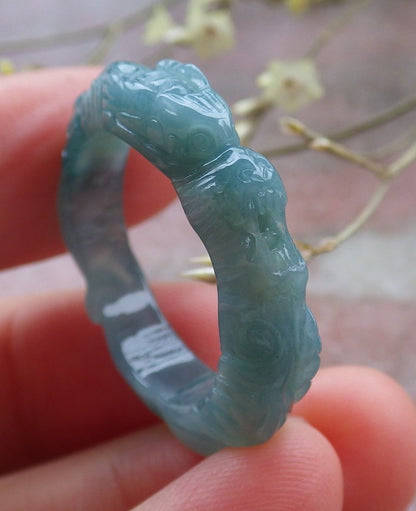 Certified Icy Green Burma 100% Natural A JADE Jadeite Dragon RING USA. 10.25 戒指 649157 TN