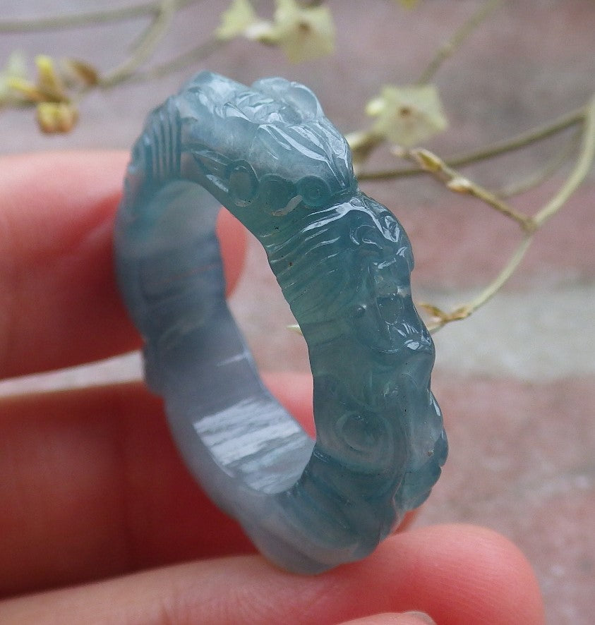 Certified Icy Green Pale Lavender Burma 100% Natural A JADE Jadeite Dragon RING USA. 10.25 戒指 649181 TN