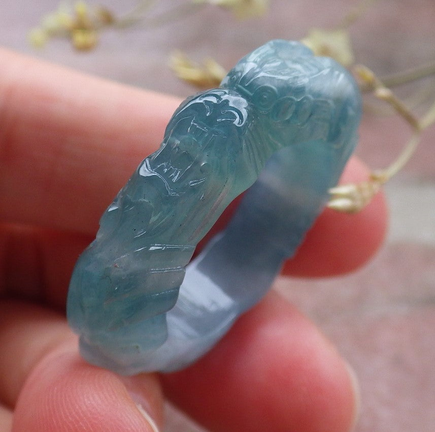 Certified Icy Green Pale Lavender Burma 100% Natural A JADE Jadeite Dragon RING USA. 10.25 戒指 649181 TN