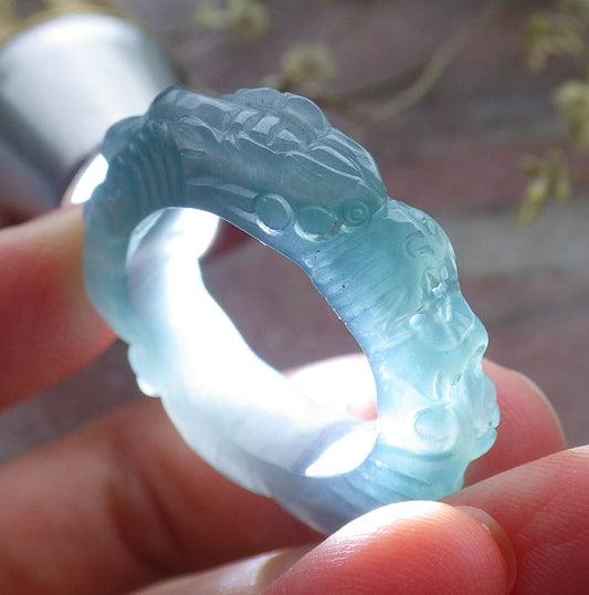 Certified Icy Green Pale Lavender Burma 100% Natural A JADE Jadeite Dragon RING USA. 10.25 戒指 649181 TN