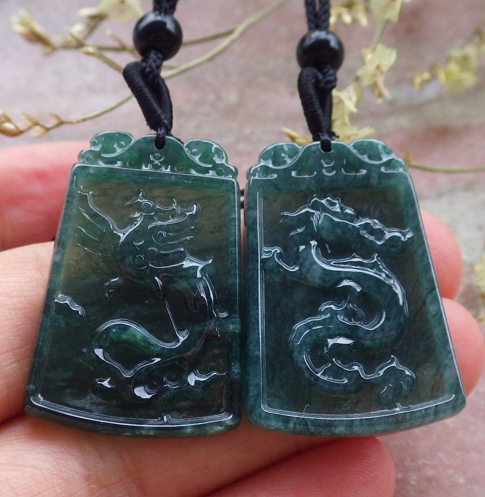 Pair Certified Icy Green Burma 100% Natural A Jade jadeite Pendant Dragon Phoenix Necklace 龙凤 649191 TN
