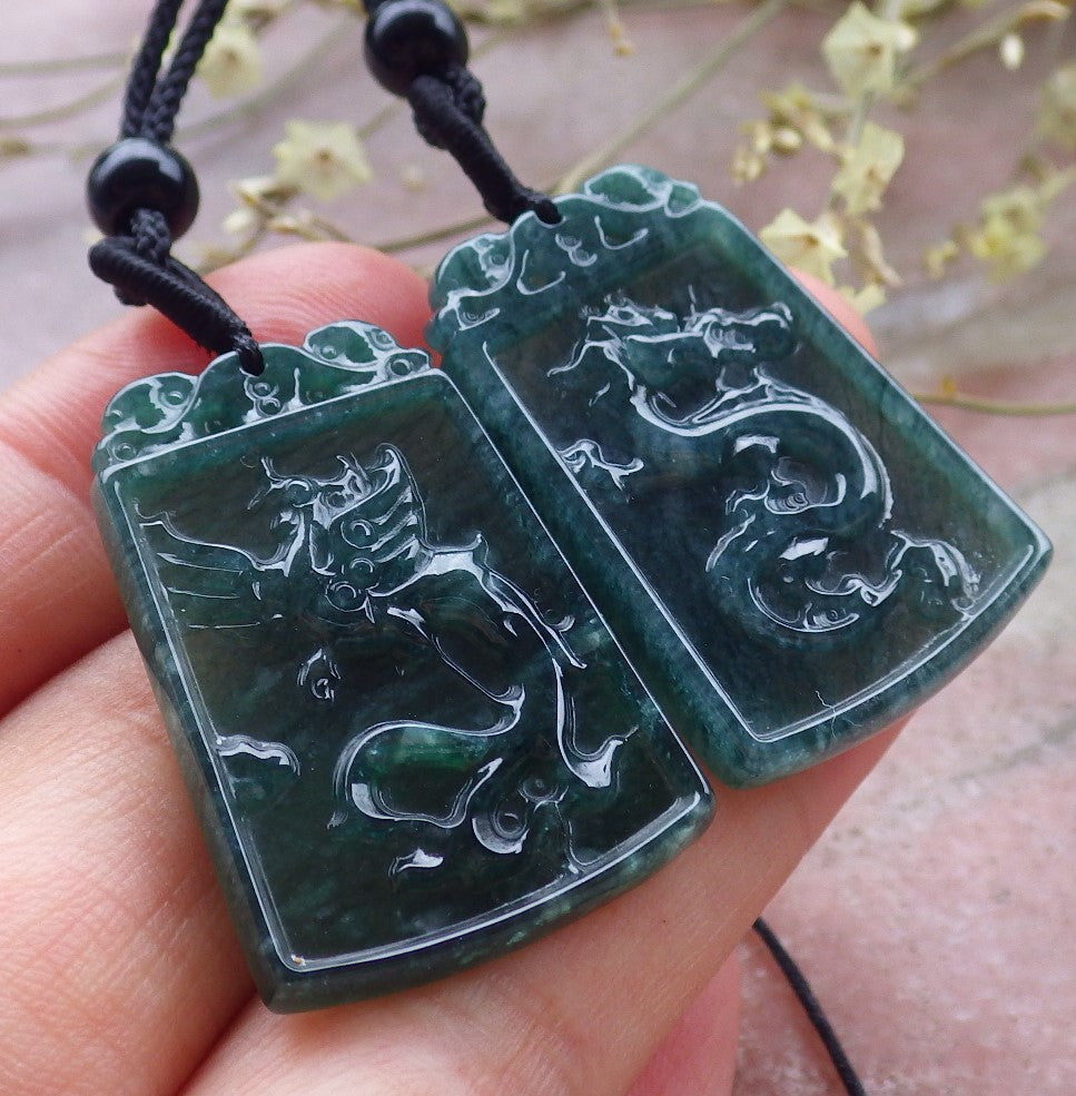 Pair Certified Icy Green Burma 100% Natural A Jade jadeite Pendant Dragon Phoenix Necklace 龙凤 649191 TN