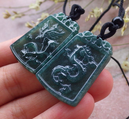 Pair Certified Icy Green Burma 100% Natural A Jade jadeite Pendant Dragon Phoenix Necklace 龙凤 649191 TN