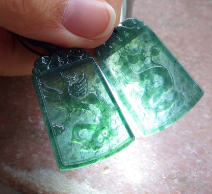 Pair Certified Icy Green Burma 100% Natural A Jade jadeite Pendant Dragon Phoenix Necklace 龙凤 649191 TN