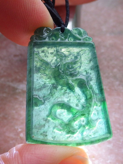Pair Certified Icy Green Burma 100% Natural A Jade jadeite Pendant Dragon Phoenix Necklace 龙凤 649191 TN
