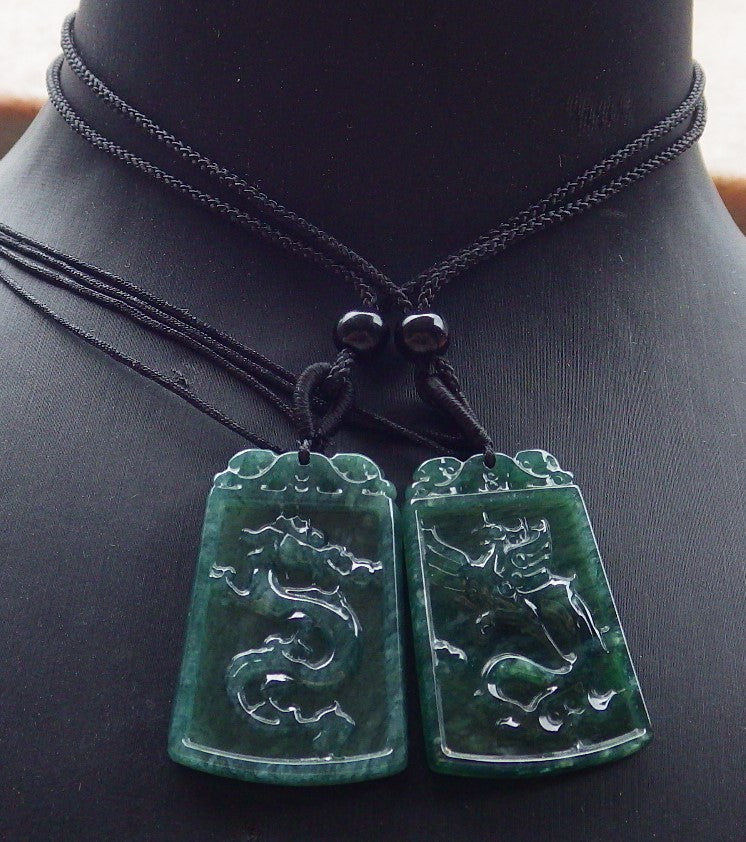 Pair Certified Icy Green Burma 100% Natural A Jade jadeite Pendant Dragon Phoenix Necklace 龙凤 649191 TN