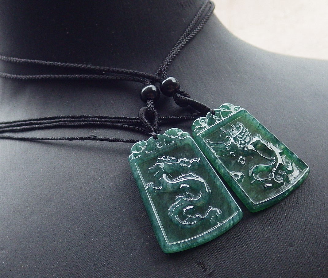 Pair Certified Icy Green Burma 100% Natural A Jade jadeite Pendant Dragon Phoenix Necklace 龙凤 649191 TN