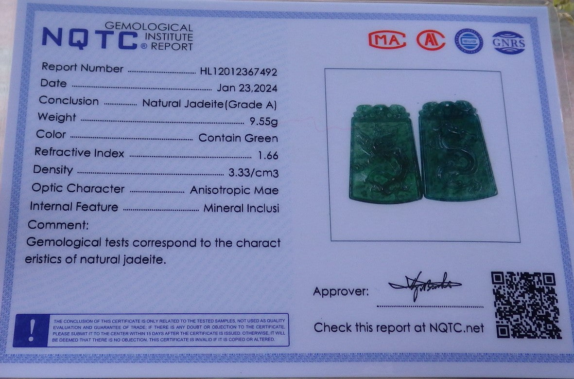 Pair Certified Icy Green Burma 100% Natural A Jade jadeite Pendant Dragon Phoenix Necklace 龙凤 649191 TN