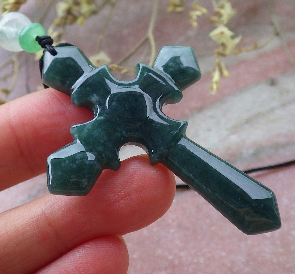 Certified Icy Green Burma 100% Natural A Jade jadeite Pendant Jesus Cross Necklace 十字架 649223 TN