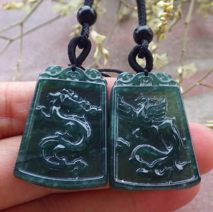 Pair Certified Icy Green Burma 100% Natural A Jade jadeite Pendant Dragon Phoenix Necklace 龙凤 649244 TN