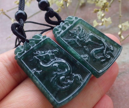 Pair Certified Icy Green Burma 100% Natural A Jade jadeite Pendant Dragon Phoenix Necklace 龙凤 649244 TN