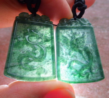 Pair Certified Icy Green Burma 100% Natural A Jade jadeite Pendant Dragon Phoenix Necklace 龙凤 649244 TN
