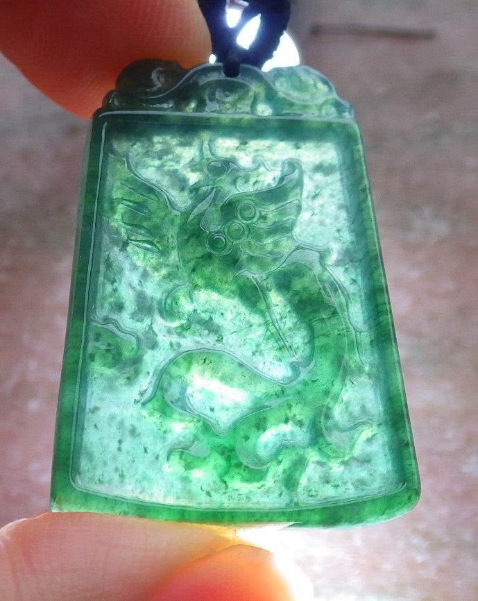 Pair Certified Icy Green Burma 100% Natural A Jade jadeite Pendant Dragon Phoenix Necklace 龙凤 649244 TN