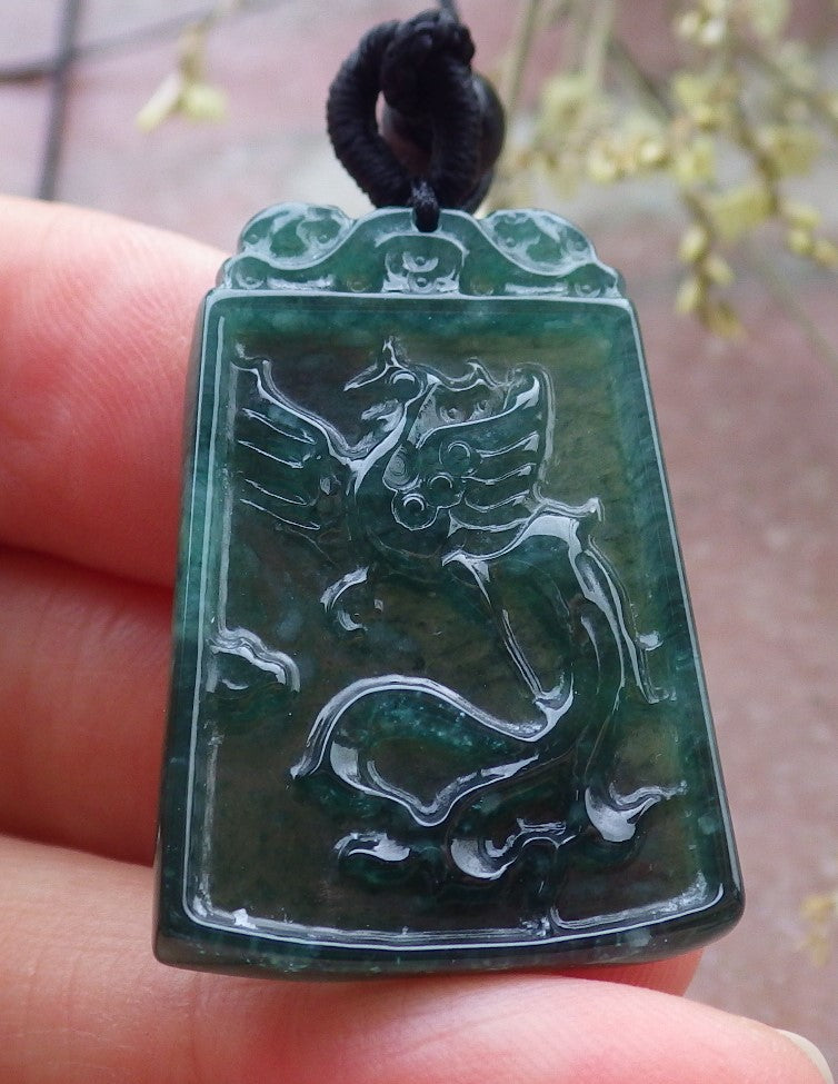 Pair Certified Icy Green Burma 100% Natural A Jade jadeite Pendant Dragon Phoenix Necklace 龙凤 649244 TN