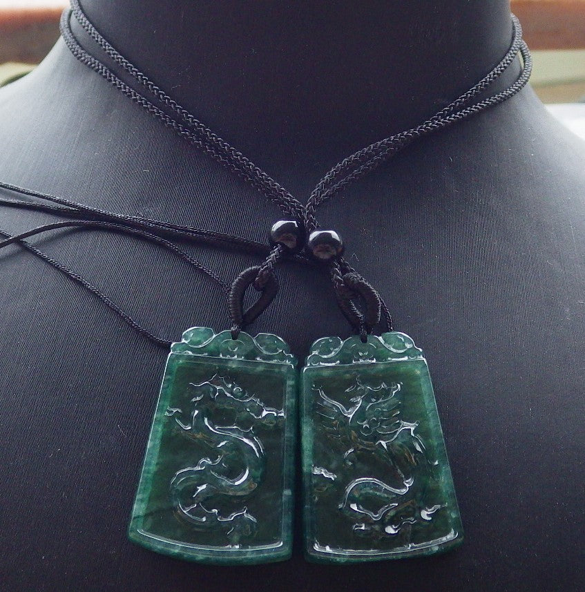 Pair Certified Icy Green Burma 100% Natural A Jade jadeite Pendant Dragon Phoenix Necklace 龙凤 649244 TN