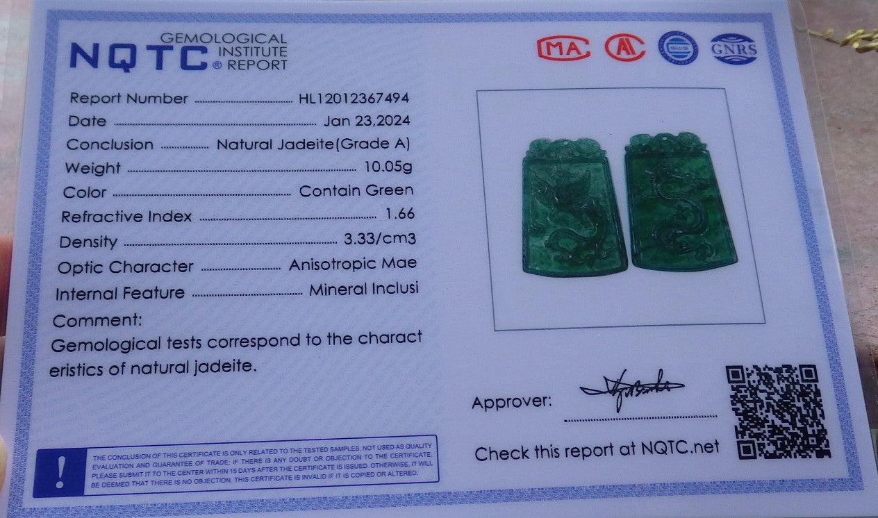 Pair Certified Icy Green Burma 100% Natural A Jade jadeite Pendant Dragon Phoenix Necklace 龙凤 649244 TN