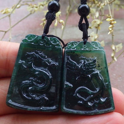 Pair Certified Icy Green Burma 100% Natural A Jade jadeite Pendant Dragon Phoenix Necklace 龙凤 649254 TN