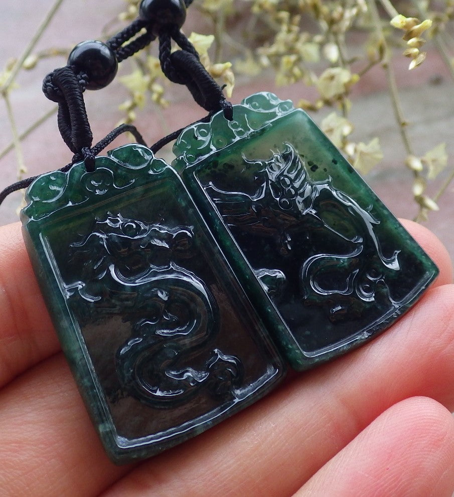 Pair Certified Icy Green Burma 100% Natural A Jade jadeite Pendant Dragon Phoenix Necklace 龙凤 649254 TN