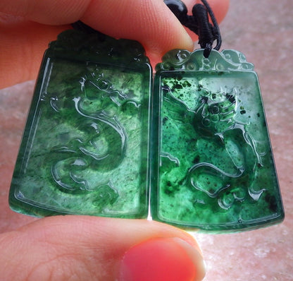 Pair Certified Icy Green Burma 100% Natural A Jade jadeite Pendant Dragon Phoenix Necklace 龙凤 649254 TN