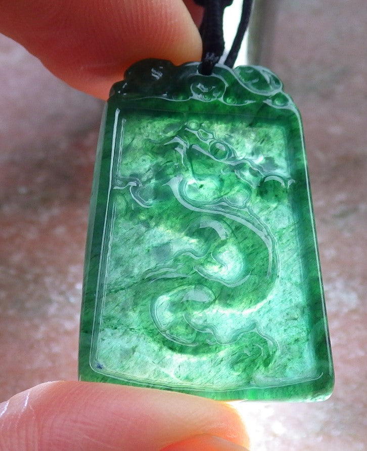 Pair Certified Icy Green Burma 100% Natural A Jade jadeite Pendant Dragon Phoenix Necklace 龙凤 649254 TN