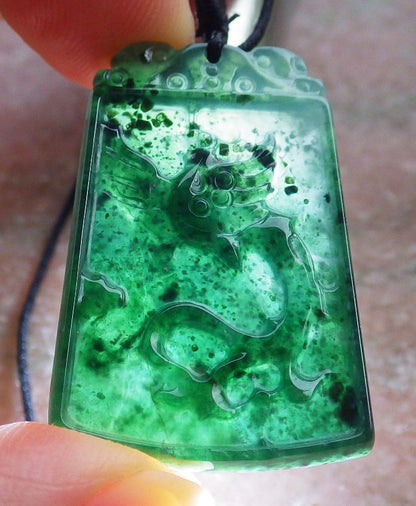 Pair Certified Icy Green Burma 100% Natural A Jade jadeite Pendant Dragon Phoenix Necklace 龙凤 649254 TN