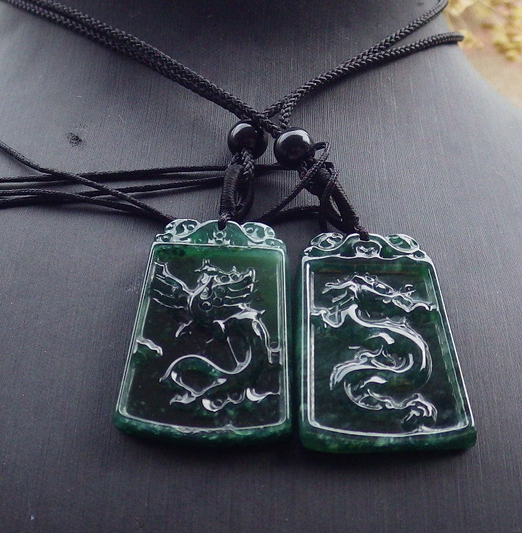 Pair Certified Icy Green Burma 100% Natural A Jade jadeite Pendant Dragon Phoenix Necklace 龙凤 649254 TN