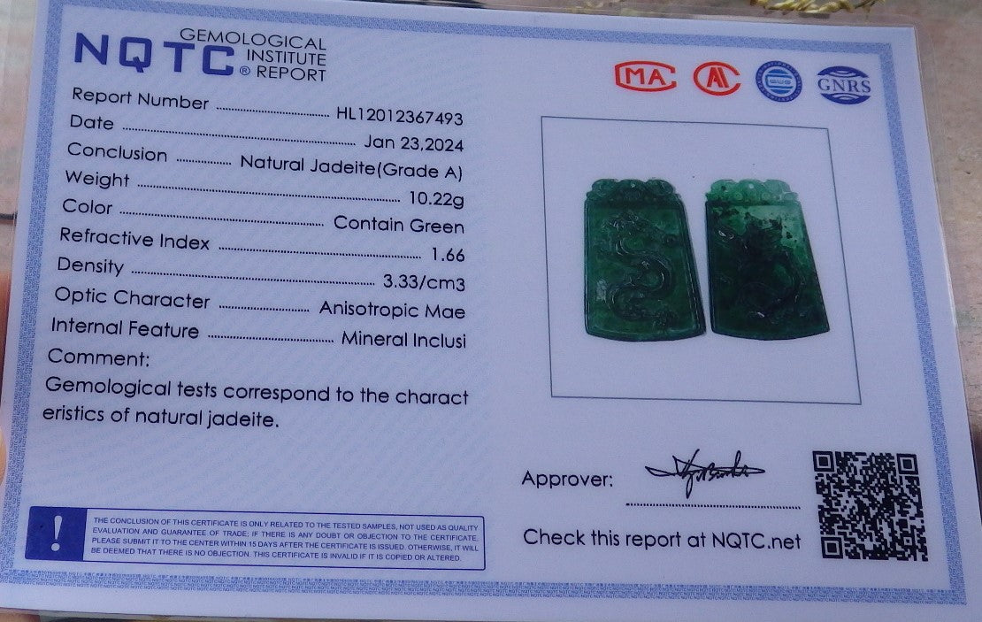 Pair Certified Icy Green Burma 100% Natural A Jade jadeite Pendant Dragon Phoenix Necklace 龙凤 649254 TN